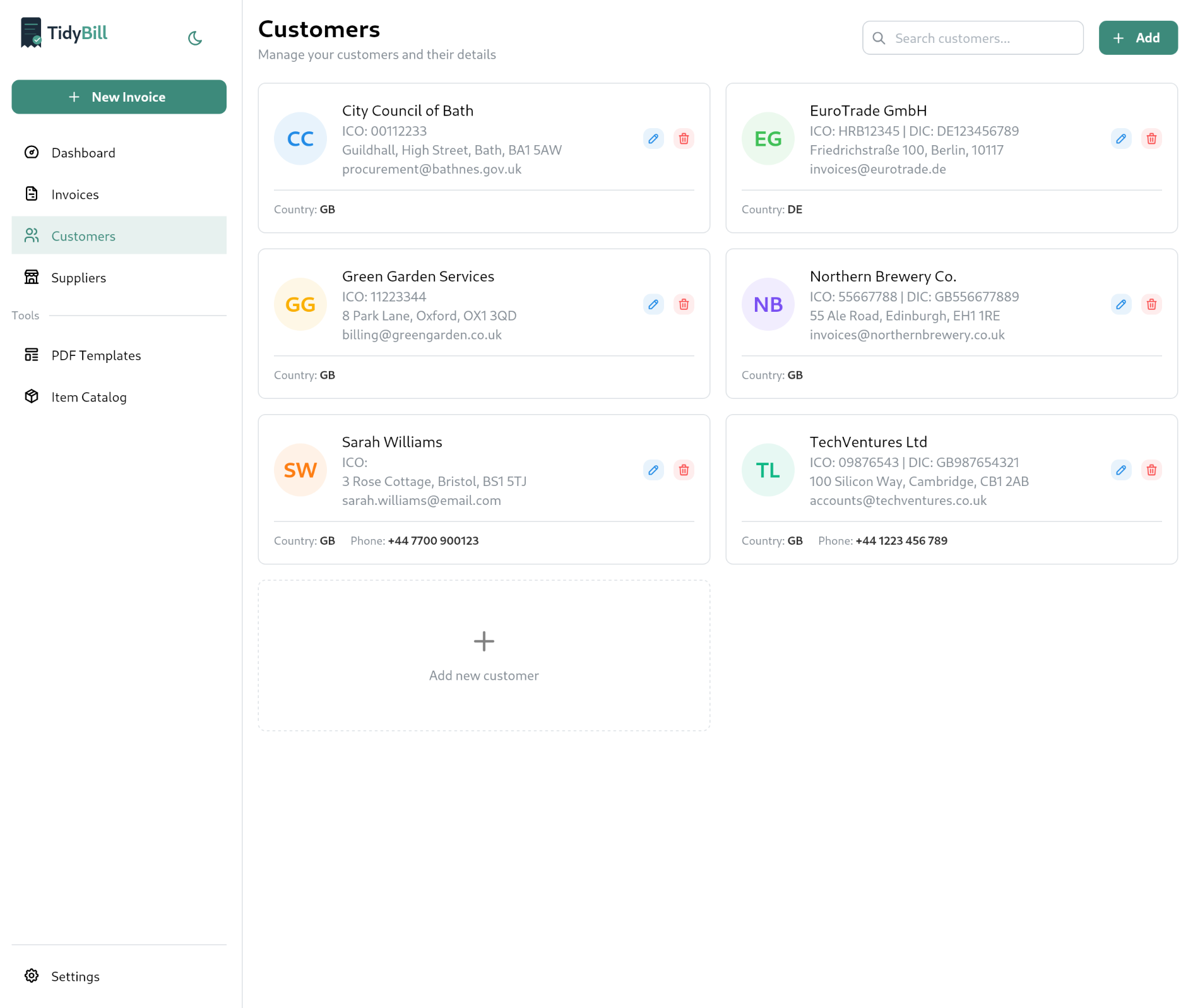 Seznam zákazníků s rychlými akcemi